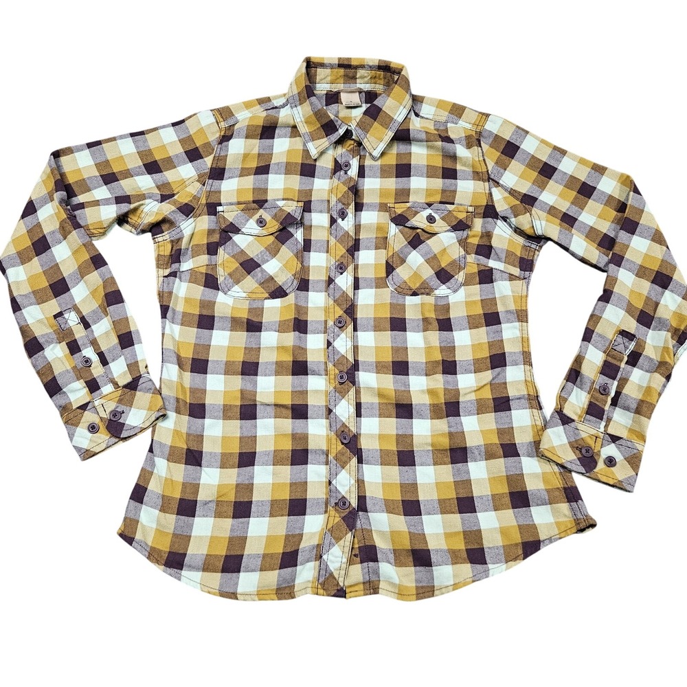 Duluth Trading Plaid Shirt Small‎ Yellow Brown Check Earthy Gorpcore Outdoor